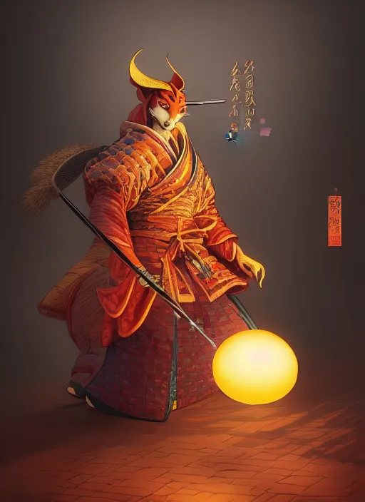 Image similar to kitsune samurai in autumn color kimono holding a glowing egg, subsurface scattering, by jesper ejsing, justin gerard, tomasz alen kopera, cgsociety and fenghua zhong, highly detailed, rim light, cinematic lighting, illustration, art, octane render, very coherent, cinematic, hyper realism, high detail, octane render, 8 k