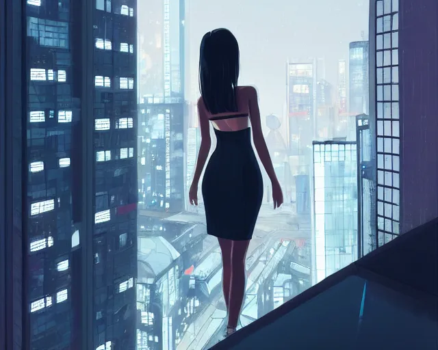 Prompt: back of young woman wearing a stylish black minidress looking through a penthouse window at a panoramic view of a cyberpunk city at night, dark sky, bokeh lights, anime, ilya kuvshinov, guweiz, artstation trending, concept art, digital painting, cinematic, extreme detail, expansive