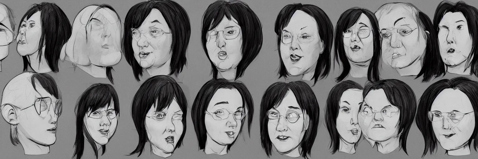 Prompt: female character face study of bill hicks, fat woman, smoking, clear faces, emotional, character sheet, fine details, concept design, contrast, kim jung gi, pixar and da vinci, trending on artstation, 8 k, 3 6 0 head, turnaround, front view, back view, ultra wide angle