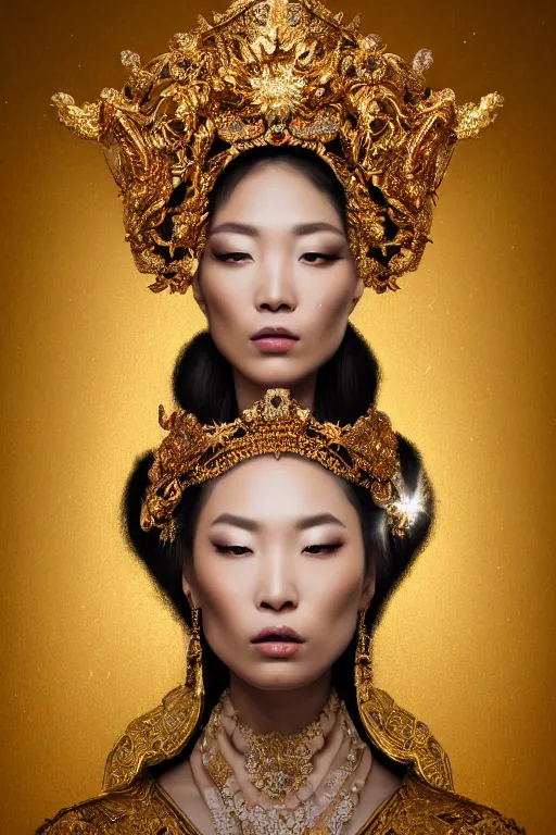 Image similar to a beautiful empress portrait, with a brilliant, impossible striking shiny big gold headpiece, reflective surface, gold clothes, rococo, baroque, jewels, asian, realistic, studio lighting, closeup, D&D, fantasy, intricate, elegant, highly detailed, digital painting, artstation, octane render, 8k, concept art, matte, sharp focus, illustration, art by Artgerm and Greg Rutkowski and Alphonse Mucha