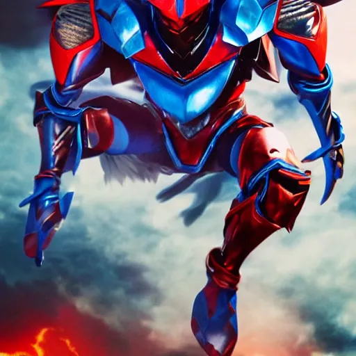 Image similar to High Fantasy Kamen Rider, blue armor with red secondary color, 4k, glowing eyes, daytime, rubber suit, dragon inspired armor, Guyver Unit 1 Armor