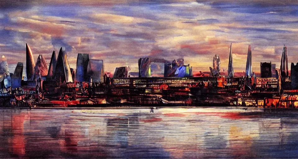 Image similar to color sketch of the london skyline, highly detailed, dramatic lighting, intense shadows, rich deep colours, by salvador dali