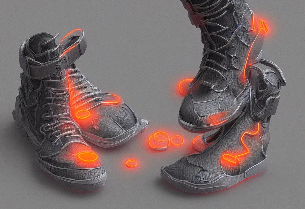 Prompt: one futuristic high - top sneaker with neon illuminated soles on a grey surface, soft orange laces, clean 3 d render, beautiful studio lighting, soft, sharp focus, cyberpunk, intricate detail, gold filigree, soft rubber, octane render, trending on artstation, deviantart, art by iris van herpen and syd mead and android jones