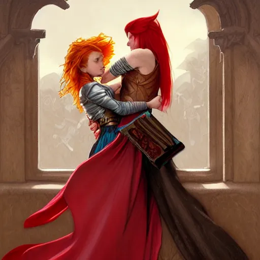 Image similar to an epic fantasy comic book style painting of a young red headed girl with a book in one arm meeting a young boy thief with blonde wearing plain brown leather thief clothes, d & d, fantasy, intricate, elegant, highly detailed, digital painting, artstation, concept art, matte, sharp focus, illustration, art by artgerm and greg rutkowski and alphonse mucha