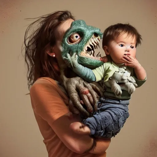 Image similar to Baby monster in the arms of a human mother