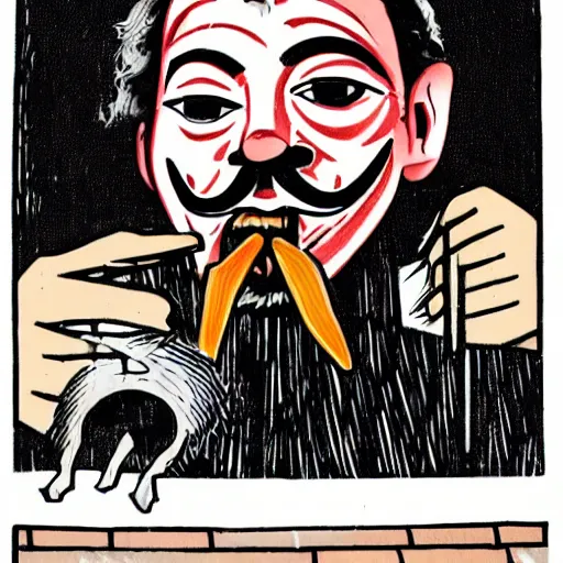 Image similar to man with guy fawkes mask eating pork - chop