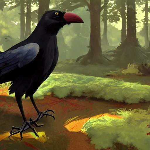 Image similar to concept art painting of an anthropomorphic humanoid crow, in the deep forest, realistic, detailed, cel shaded, in the style of makoto shinkai and greg rutkowski and james gurney