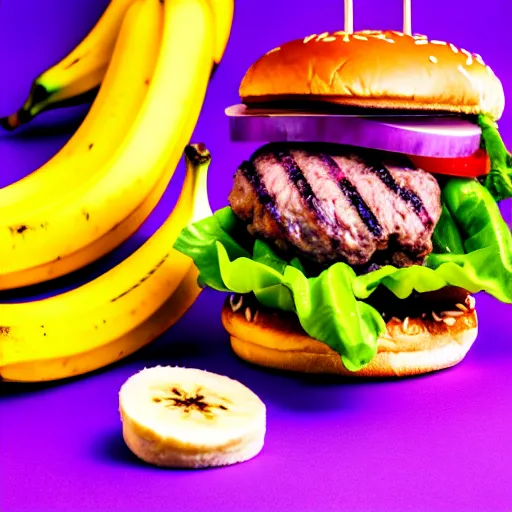 Prompt: a stock photo of a banana on a burger on a purple background, product photography, f 2. 4, bokeh effect, award winning