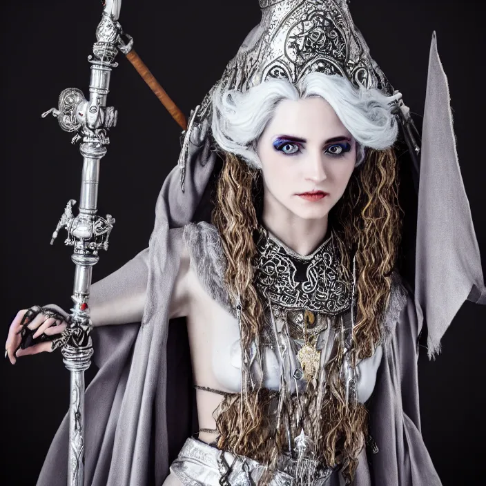 Prompt: photograph of a real-life beautiful elemental moon witch with ornate silver robes and staff. Extremely detailed. 8k