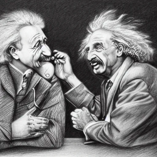 Image similar to Einstein and Newton speaks each other on a topic, pencil drawing, ultra detailed