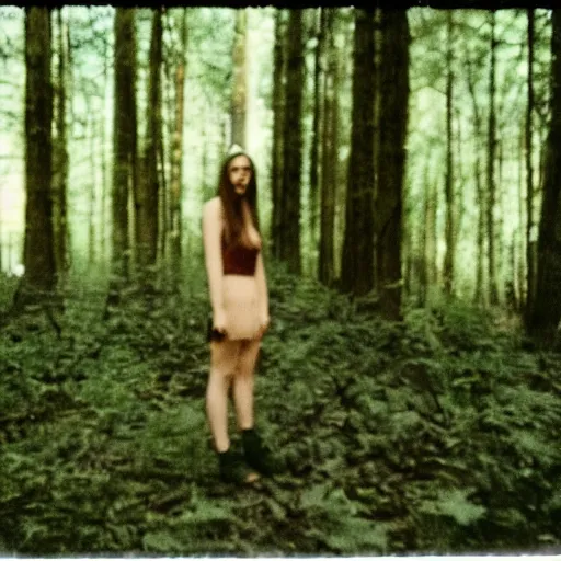 Prompt: skinwalker in a forest, blurry photo, polaroid, expired film,