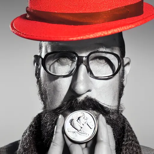 Image similar to A photograph of an unwrapped chocolate coin that is engraved with a young bearded leon redbone smoking a cigar and wearing a greek fisherman's cap, highly detailed, close-up product photo, depth of field, sharp focus, soft lighting