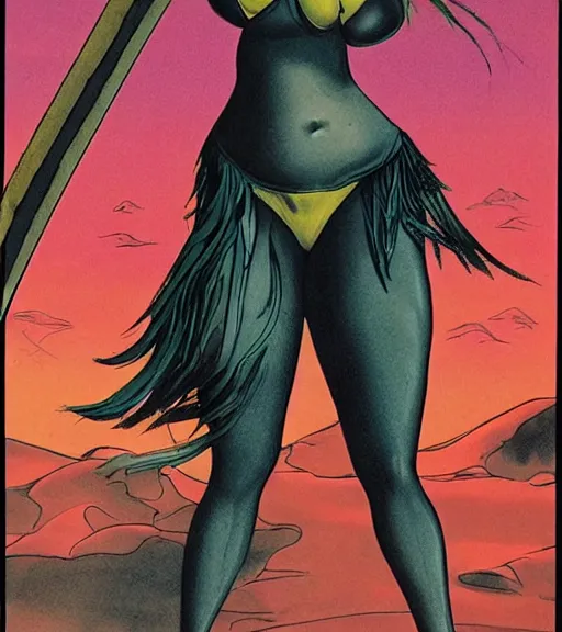 Image similar to 1 9 8 0 s fantasy novel book cover, bbw plus size amazonian selena gomez in extremely tight bikini armor wielding a cartoonishly large sword, exaggerated body features, dark and smoky background, low quality print
