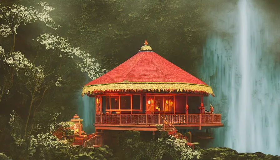 Image similar to a Wes Anderson 35mm film still of a very surreal magical Indian castle style cabin with a bookstore cafe behind a lush waterfall, falling cherry blossoms pedals, in the style of Gucci and Wes Anderson glowing lights and floating lanterns, foggy atmosphere, rainy, moody, muted colors, magic details, very detailed, 8k, cinematic look, octane render, psychedelic,