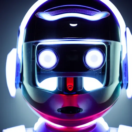 Prompt: Photo of robot with 20yo girl inside, LEDs visor helmet, profile pose, bust shot, high detail, studio, black background, smoke, sharp, cyberpunk, 85mm Sigma Art lens,