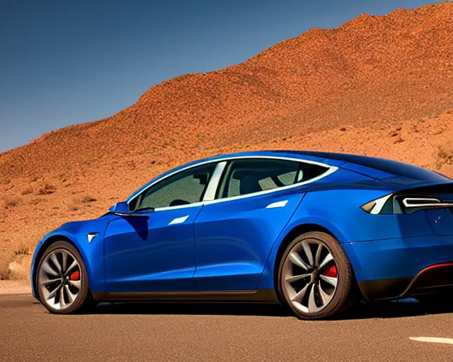 Image similar to a blue tesla driving across a road in the mojave desert, golden hour