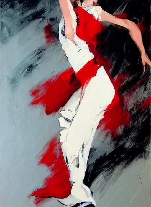 Image similar to emotional tango dancer girl in white and red dress, painting by phil hale, fransico goya,'action lines '!!!, graphic style, visible brushstrokes, motion blur, blurry, visible paint texture, crisp hd image