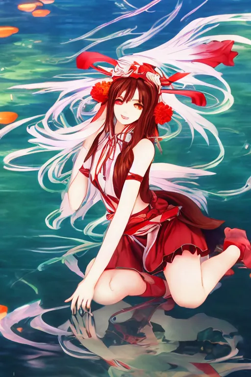 Prompt: hakurei reimu from touhou project floating on the water at night, plants, green and orange theme, s line, 4 5 angel by krenz cushart and mucha and akihito yoshida and greg rutkowski, 4 k resolution