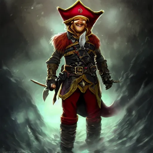 Image similar to handsome grinning ginger elf rogue, tricorne pirate captain hat, naval background, D&D, fantasy, portrait, cinematic lighting, centered, symmetrical, highly detailed, digital painting, artstation, concept art, smooth, sharp focus, illustration, volumetric lighting, epic Composition, 8k, anatomically correct, art by Akihiko Yoshida and Greg Rutkowski and Craig Mullins, oil painting, cgsociety