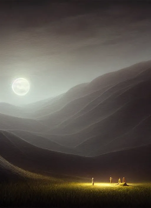 Image similar to midnight by moonlight in the low - polygon hills, the distant hills are polygons, diffuse lighting, intricate, surrealism!!!!, highly detailed, lifelike, photorealistic, digital painting, artstation, surrealist, concept art, smooth, sharp focus, by greg rutkowski, chris tulloch mccabe, valentina remenar and asher duran,