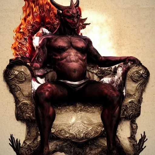 Prompt: A Male Devil sits on a throne and wears a swimming tuxedo , hell, landscape, fire, environment, Artstation