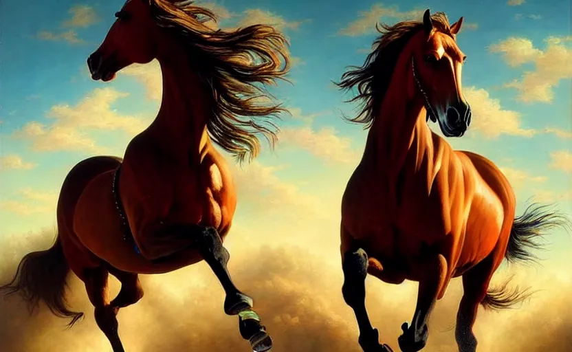 Image similar to a masterpiece oil painting of a proud horse galloping alone. wide angle, fantasy art, alex ross, heroic lighting, very very very beautiful raytraced rendering