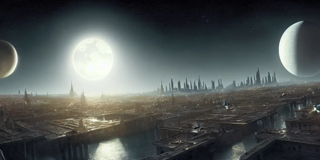 Prompt: planetary city, 2 moons on the horizon of different sizes,, intricate, highly detailed,, photorealistic, digital painting, artstation, illustration, concept art, smooth, sharp focus, by ansel adams and bernardo bellotto