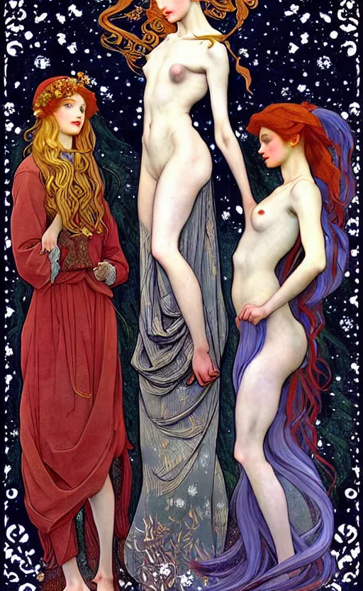 Image similar to 3 Figures as Winter Spirits, style is a blend of Ivan Bilibin, Botticelli, and John Singer Sargent, inspired by pre-raphaelite paintings, shoujo manga, and Slavic folk fairytale aesthetic, dark and moody colors, hyper detailed, super fine inking lines, 4K extremely photorealistic digital art