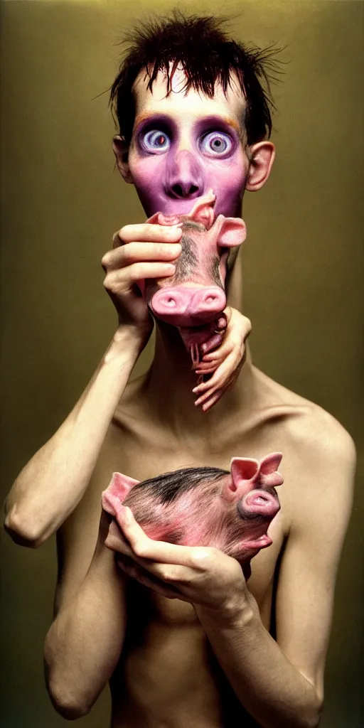 Image similar to award winning photo of ANOREXIC ROBERT BARRET EATING A PIG, vivid colors, happy, symmetrical face, beautiful eyes, studio lighting, wide shot art by Sally Mann & Arnold Newman