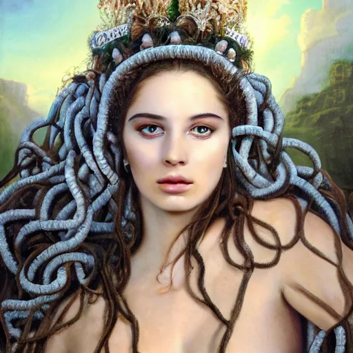Image similar to Head and shoulders masterpiece portrait of the beautiful goddess Lana Rhoades as Medusa the greek goddess, she is looking straight to the camera, she has a glow coming from her, she is getting illuminated for rays of light, behind is a scary atmosphere, she is posing, the photo was taking by Annie Leibovitz, matte painting, oil painting, naturalism, 4k, 8k