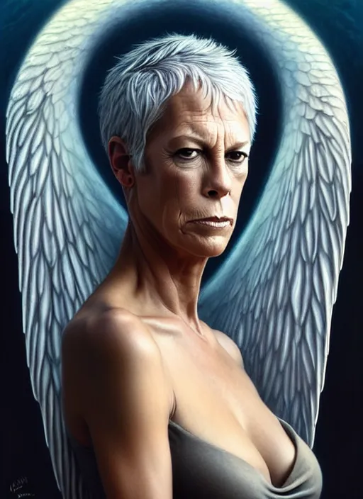 Prompt: jamie lee curtis an angel, aesthetic, fine art, intricate, elegant, highly detailed, realistic hair, centered, digital painting, art station, conceptual art, soft, sharp focus, illustration, artwork, artgerm, tomasz alen kopera, peter mohrbacher, donato giancola, wlop, boris vallejo