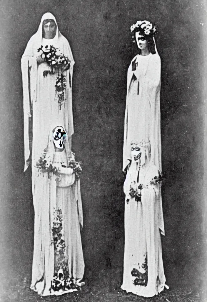 Image similar to photo taken in the 1 9 1 0's, full body view, one woman, virgin mary, dia de muertos dress and make up