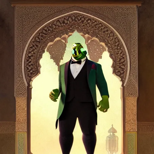 Image similar to handsome shrek in a tuxedo in a moroccan wedding, highly detailed, digital painting, artstation, concept art, sharp focus, illustration, art by greg rutkowski and alphonse mucha