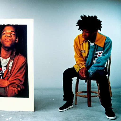 Image similar to basquiat with kurt cobain photographed by annie leibovitz in a hi end photo studio, color, photorealistic