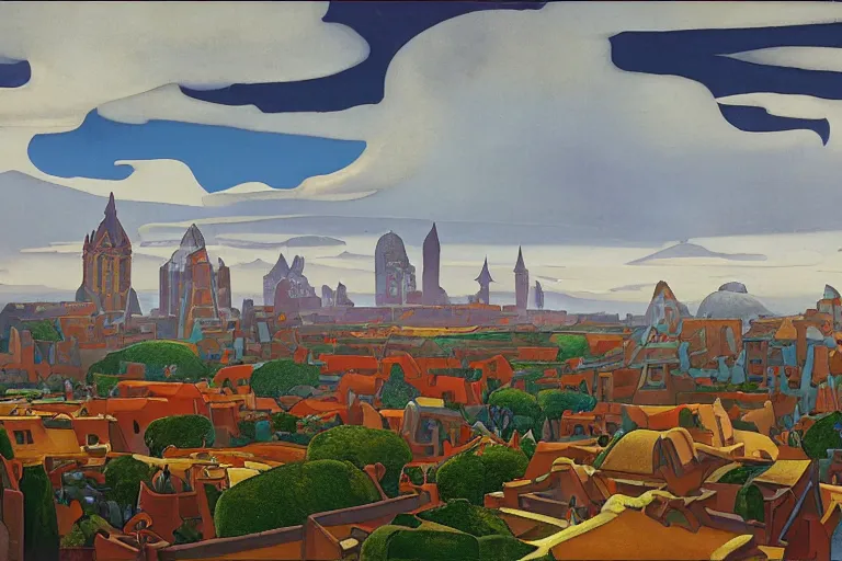 Image similar to view of the old grey city and its gardens after a storm, tall windows lit up, beautiful ornamental architecture, dramatic cinematic lighting, rich colors, by Nicholas Roerich and William Dyce and April Gornik and Sylvain Sarrailh and Ludwig Deutsch and Diego Rivera, featured on artstation