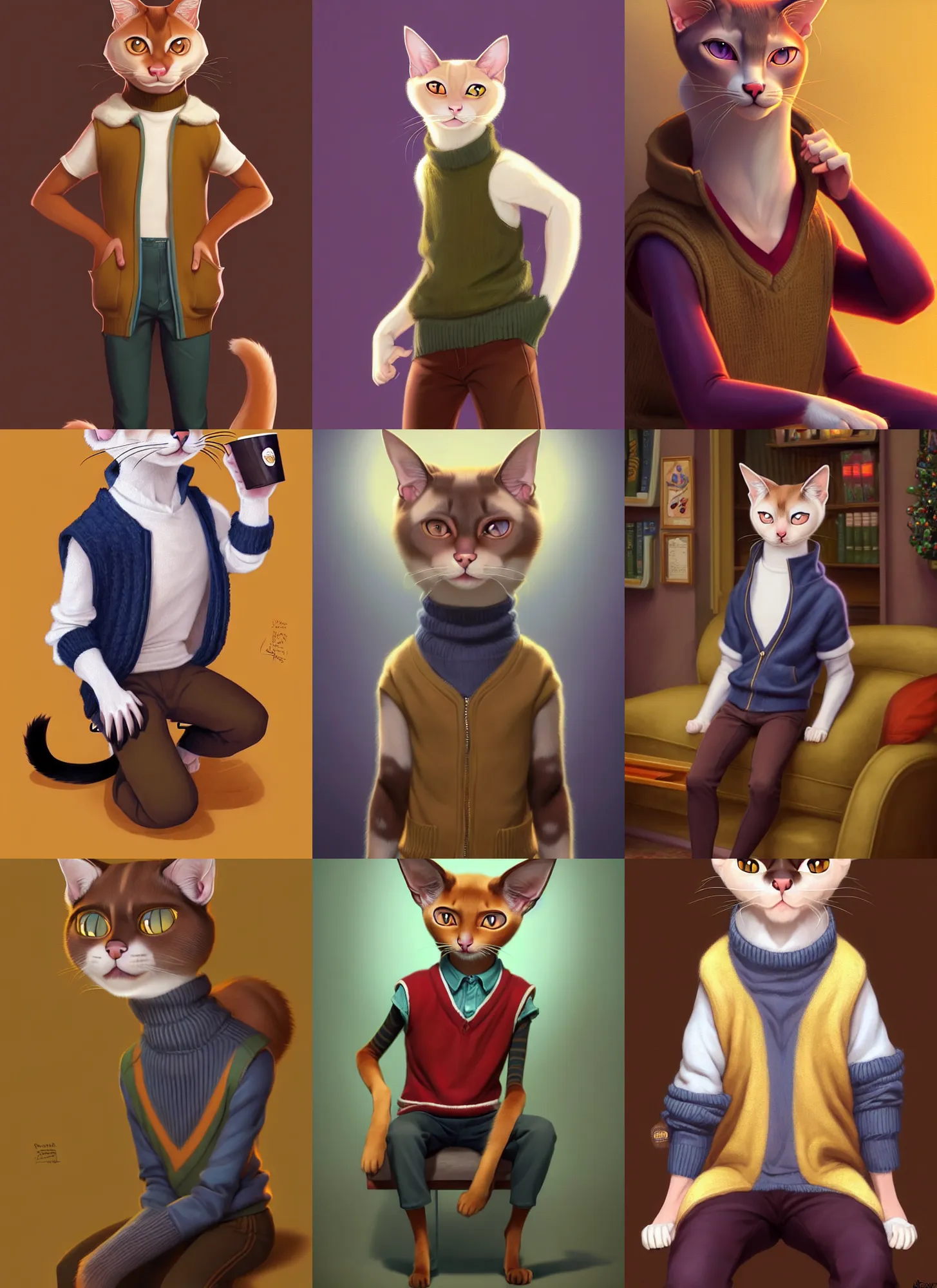 Prompt: full body portrait of a male anthropomorphic siamese cat fursona wearing a sweatervest sitting in a central perk from friends. detailed character design by disney, charlie bowater, ross tran, artgerm, and makoto shinkai, detailed, soft lighting, rendered in octane