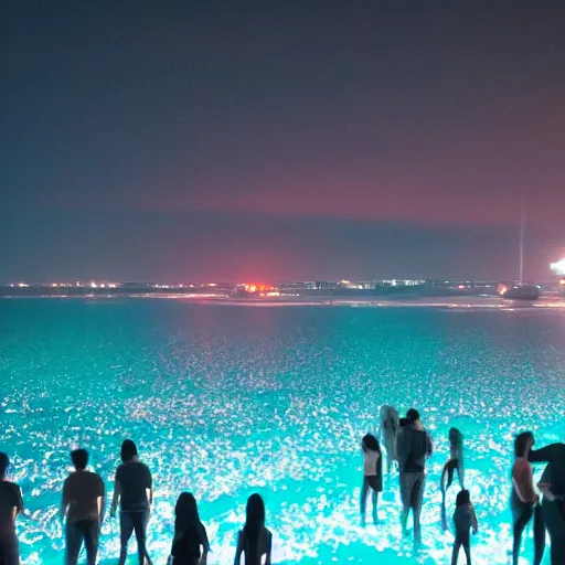 Image similar to glowing diverse groups of humans glowing sea at night, from behind, wide angle, elaborate, highly detailed, beautiful lighting