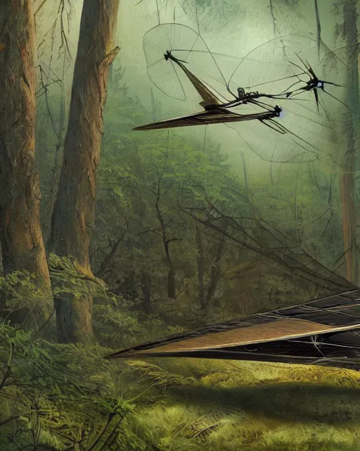 Image similar to ornithopter abandoned in a forest, illustration by wojciech siudmak, art station