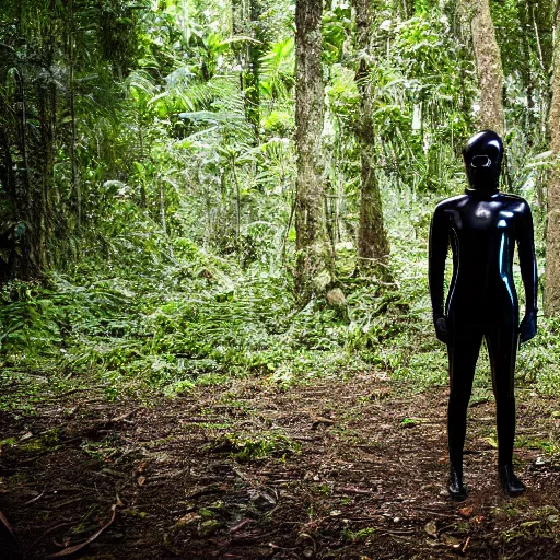 Prompt: national geographic photo, a man wearing a black shiny latex suit including pants and a shirt and mask crawling through dense jungle underbrush, night photo,