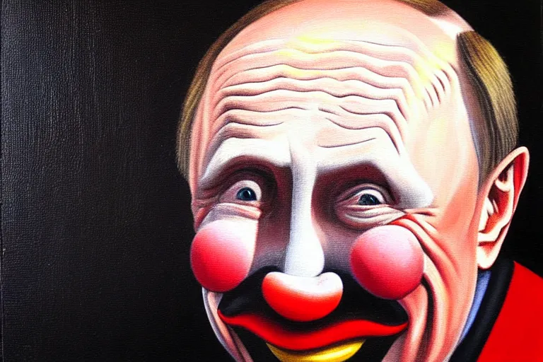 Image similar to putin as a clean-shaven sad hobo clown. head shot portrait. oil painting by emmett kelly.