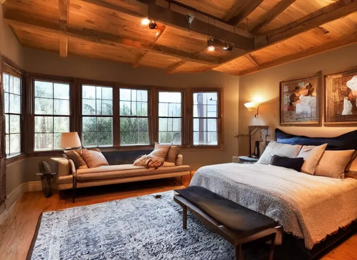 Prompt: night time bedroom with exposed beam ceilings, warm lighting, low lighting, hazy, cozy