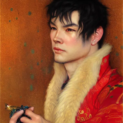 Image similar to a portrait of a male wolf in a red kimono in the sewers. furaffinity furry art detailed face painting by gaston bussiere craig mullins jc leyendecker gustav klimt artgerm greg rutkowski furry