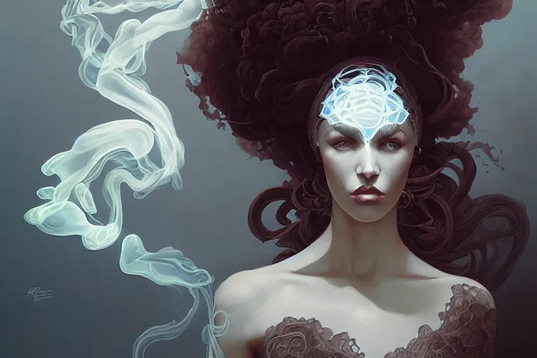 Prompt: portrait of a woman made of lace and smoke, peter mohrbacher, artgerm, James Jean