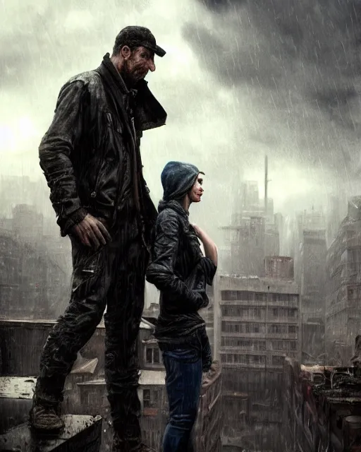 Prompt: epic portrait cinematic shot two survivors standing on a rooftop, apocalyptic city backround, cloudy, stormy, rainy, wet, fine details. night setting. realistic shaded lighting poster by craig mullism, artgerm, jeremy lipkin and michael garmash, unreal engine, radiant light, detailed and intricate environment, digital art, trending on art station,