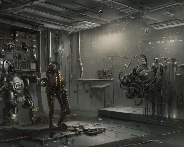 Image similar to blender gloomy colossal ruined server room in datacenter robot figure automata headless drone robot knight welder posing pacing fixing soldering mono sharp focus, emitting diodes, smoke, artillery, sparks, racks, system unit, motherboard, by pascal blanche rutkowski artstation hyperrealism cinematic dramatic painting concept art of detailed character design matte painting, 4 k resolution blade runner