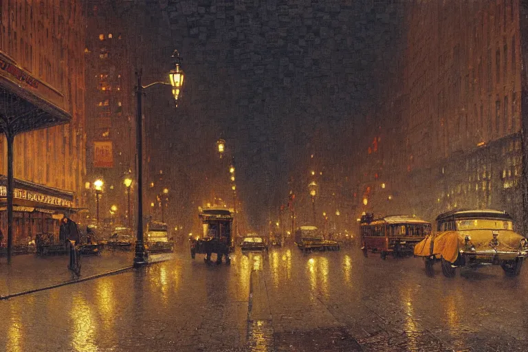 Image similar to painting of the streets of old new york at night, streetlights, raining, romantic, by ludwig deutsch and maxfield parrish, patterned tilework, extremely detailed, cinematic lighting, smooth sharp focus