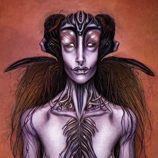 Image similar to detailed illustration of attractive humanoid alien species with beautiful human female face, female human torso, dark fae, black feathers instead of hair, feathers growing out of skin, wings growing out of arms, transformation, brian froud, tim burton, guillermo del toro