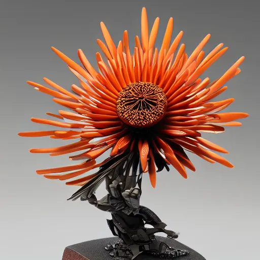 Image similar to futuristic leucospermum catherinae mecha protea pinwheel body, sepals forming helmet, floral details, leucospermum, 8 k hd resolution, barbatos gundam with floral inlay, bandai box art, star wars, makoto kobayashi, frank gehry, raymond swanland