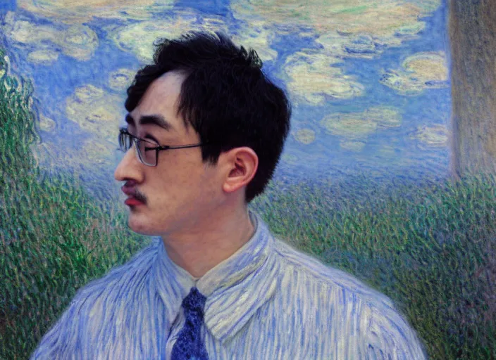 Image similar to Filthy Frank wearing blue dirty spaghetti stained dress shirt, rule of thirds, accurately portrayed, portrait art by Claude Monet, highly detailed, digital painting, concept art, illustration, imperial Japanese flag background, trending on artstation, very detailed, smooth, sharp focus, octane render, close up