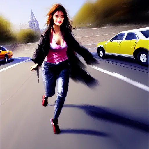 Image similar to pretty women dodging a moving car, photorealistic, in the style of greg rutkowski, detailed face, full body